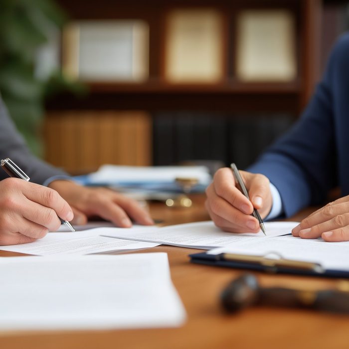 Notary public office during property transaction closing official seal and stamp prominently displayed multiple signature pages spread across desk clients reviewing final
