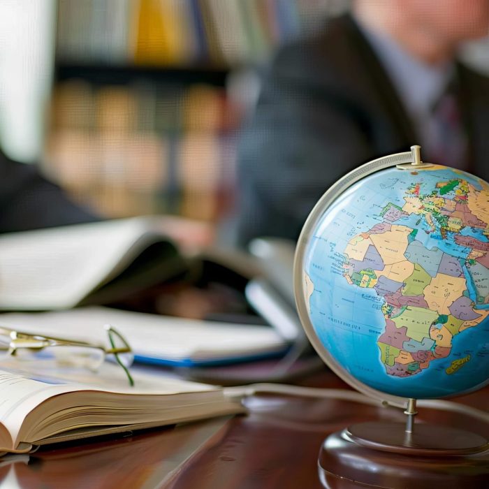 A trade lawyer advising a client on international trade laws and regulations, with legal books and documents on the table
