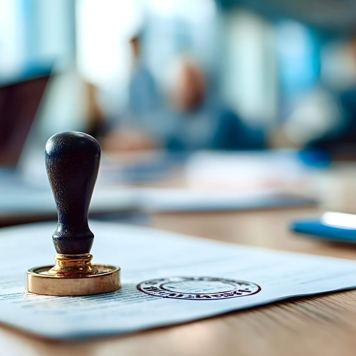Notary stamp rests on an official legal document with a visible seal impression, symbolizing important agreements, certification, and business transactions in an office setting